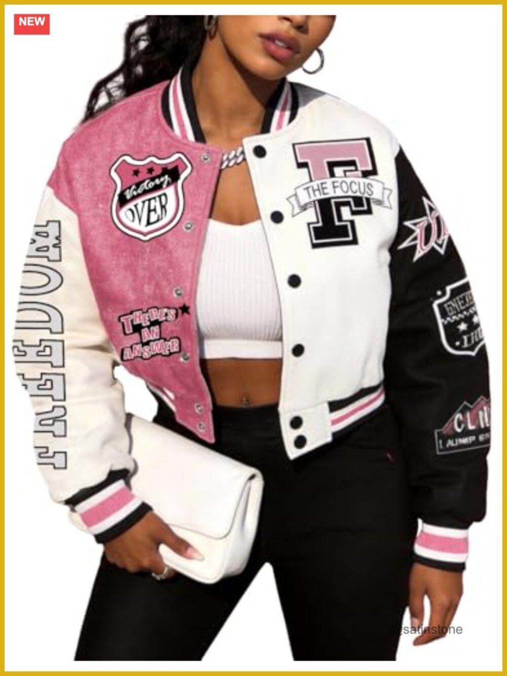 Cotton Cropped Varsity Jacket - Y2K Letterman Bomber with Button Closure